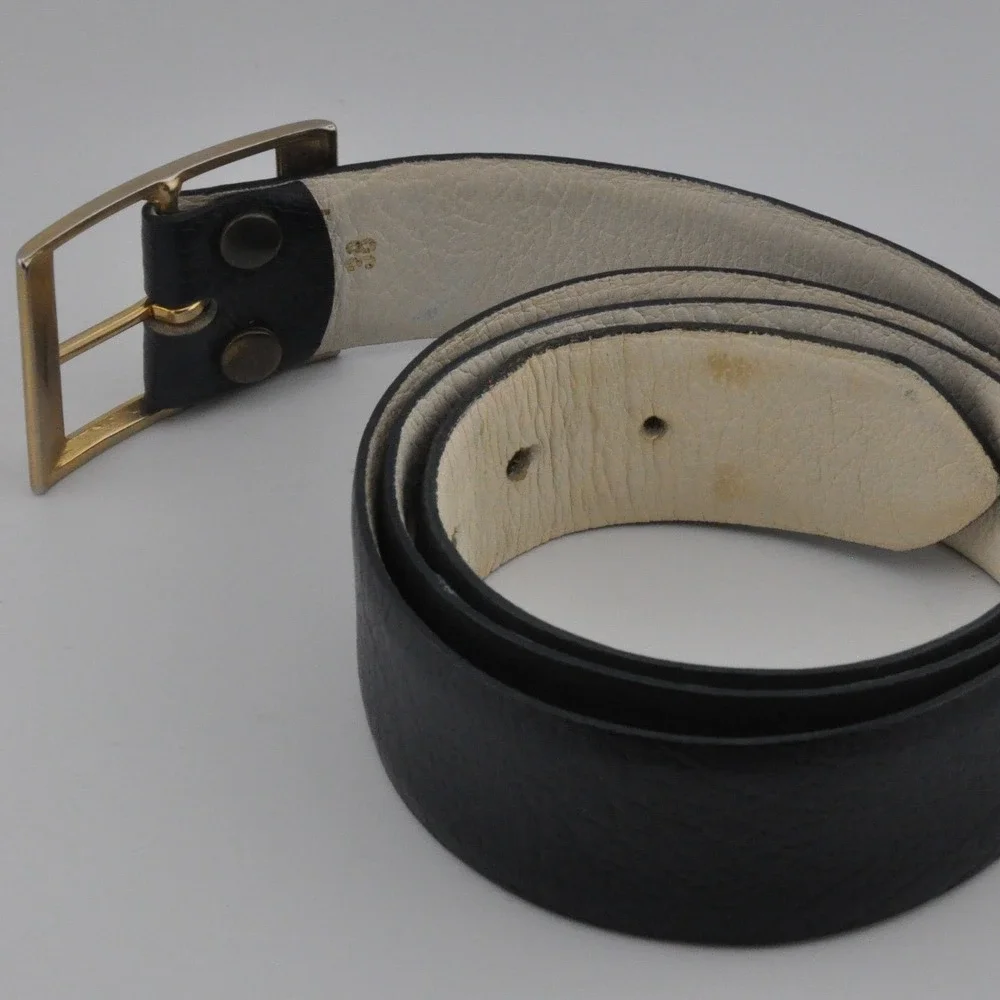 Leather Belt 38 Black Good Gold Buckle Wide Contrast Lining 9007867‎